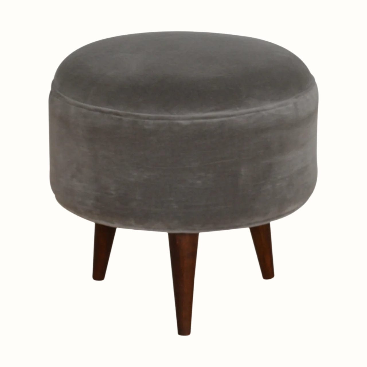 Bokel Home Footstools Button Velvet Footstool - Stone Grey/Walnut
