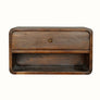 Curved wall mount bedside, made from wood in chestnut stain.