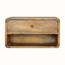 Curved wall mounted bedside table, made from mango wood in light brown natural finish.