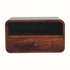 Curved wall mounted bedside table, made from mango wood in dark brown finish, with storage drawer and open shelf.