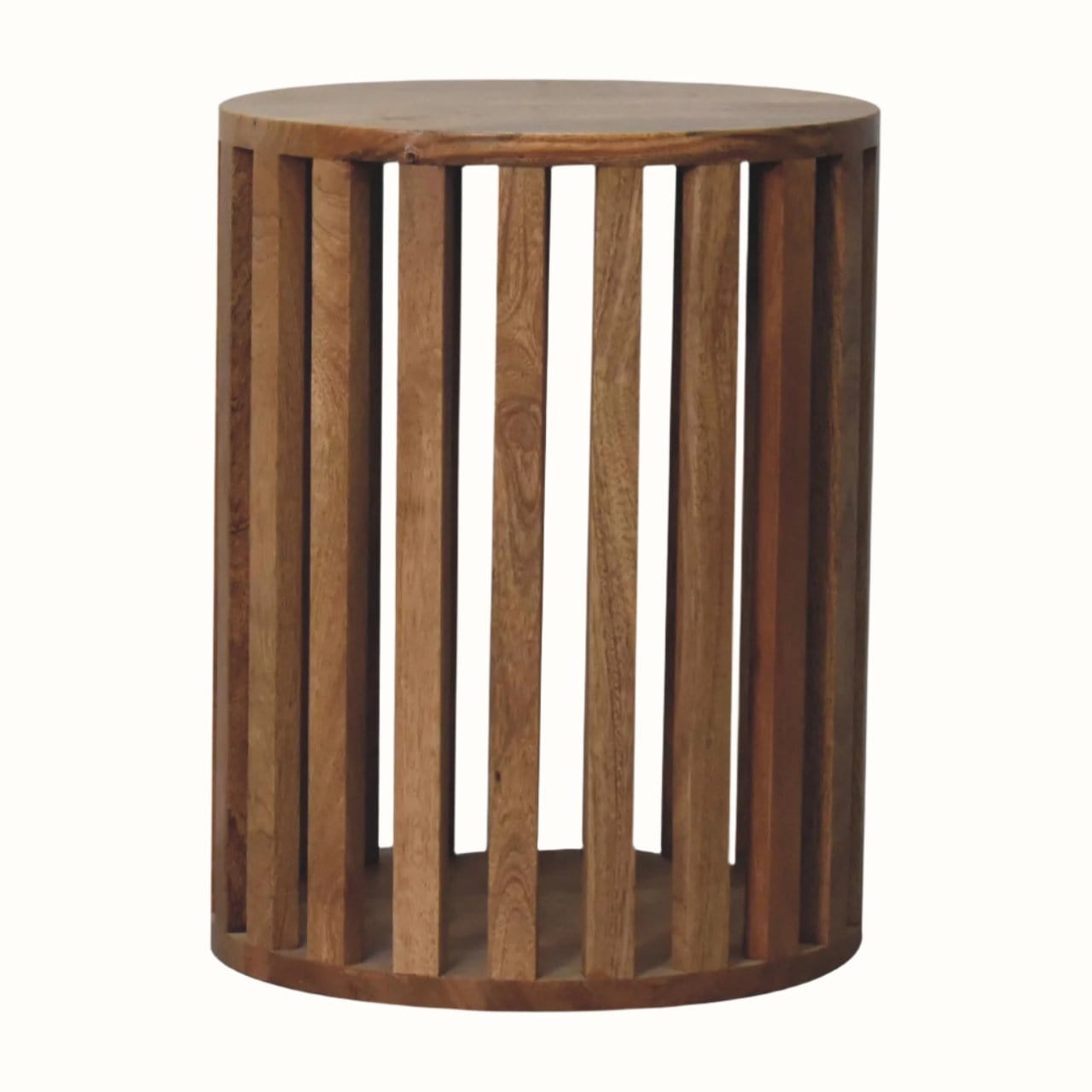 A natural finish side table made of wood, featuring a slatted design.