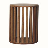 A natural finish side table made of wood, featuring a slatted design.