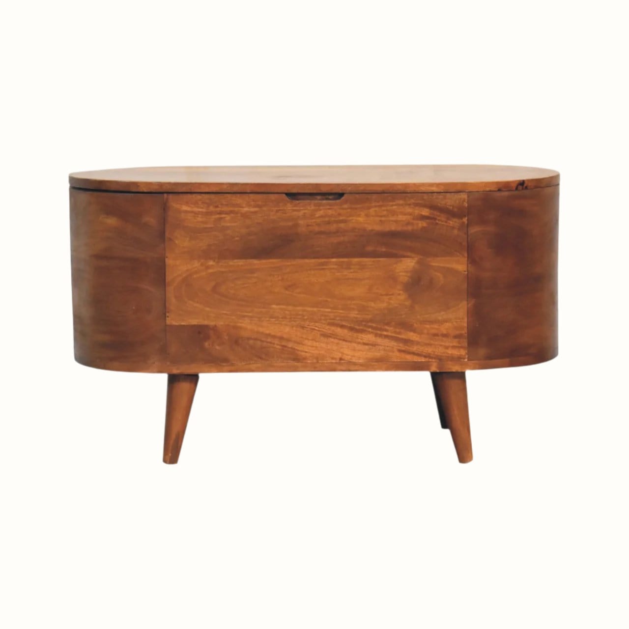 A chestnut-colored storage box with a lift-up lid, featuring curved lines and wooden legs.
