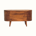 A chestnut-colored storage box with a lift-up lid, featuring curved lines and wooden legs.