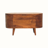A chestnut-colored storage box with a lift-up lid, featuring curved lines and wooden legs.