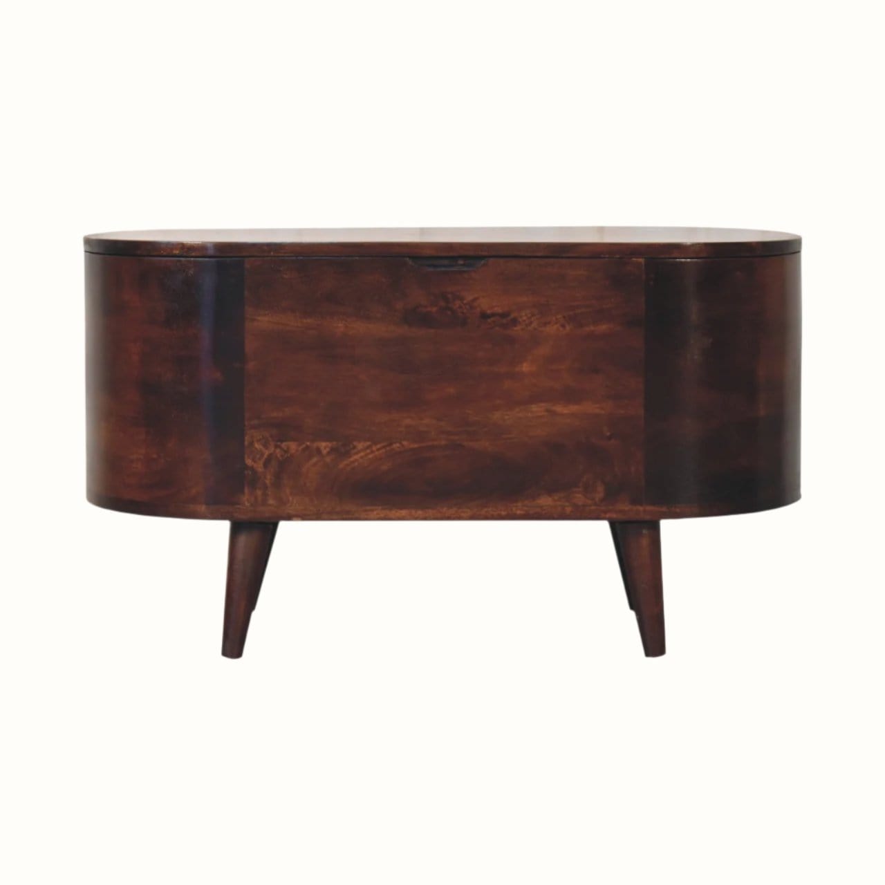 A light walnut-colored storage box with a lift-up lid, featuring curved lines and resting on short, sturdy legs.