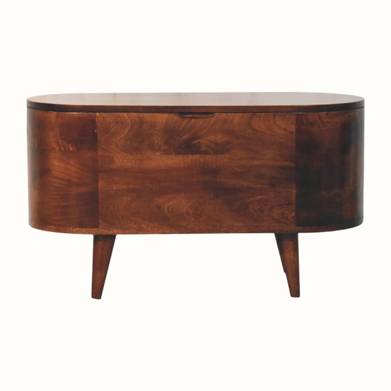A walnut-finished Molina storage box with a lift-up lid, featuring curved lines and resting on short-legged, curved-legged frames.
