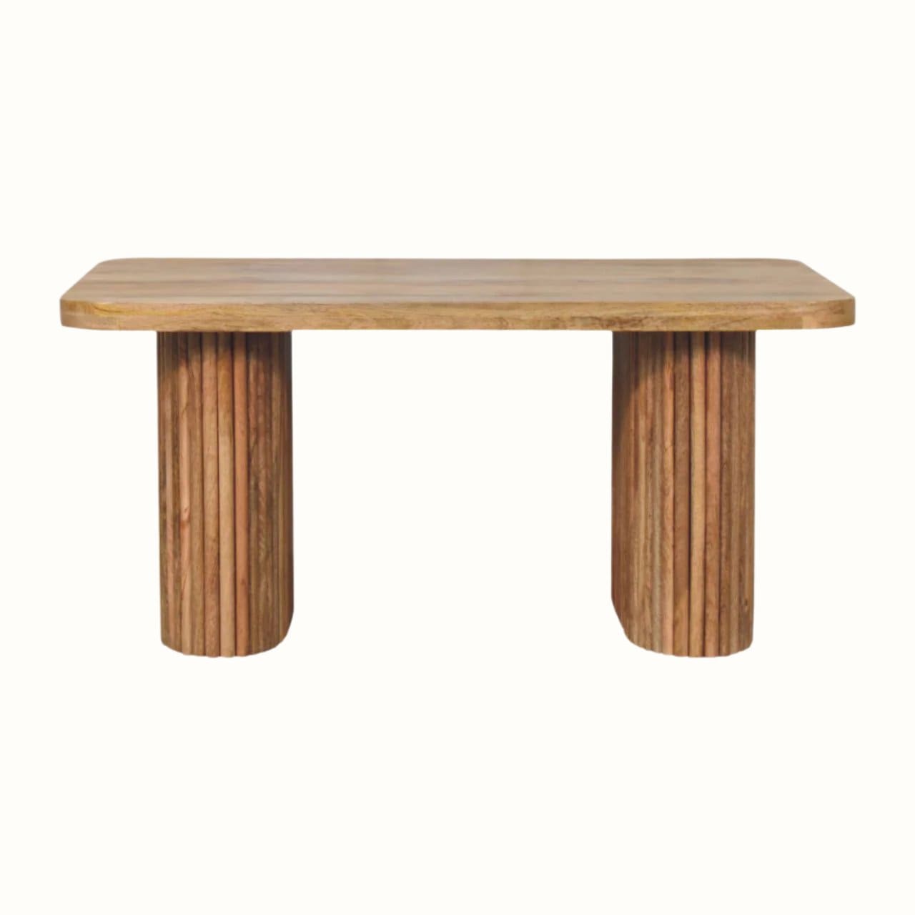 A natural finish Jalla Bench made from solid mango wood, featuring a hand-carved grooved body and chunky legs.
