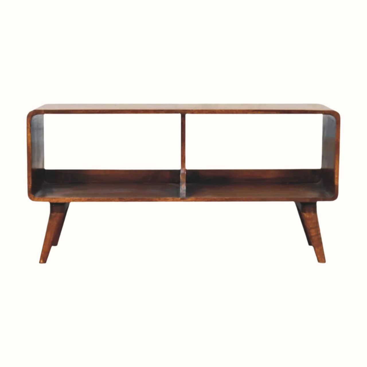 A Leckie double TV stand made of solid mango wood with a chestnut finish, featuring two open slot compartments for storing media devices.