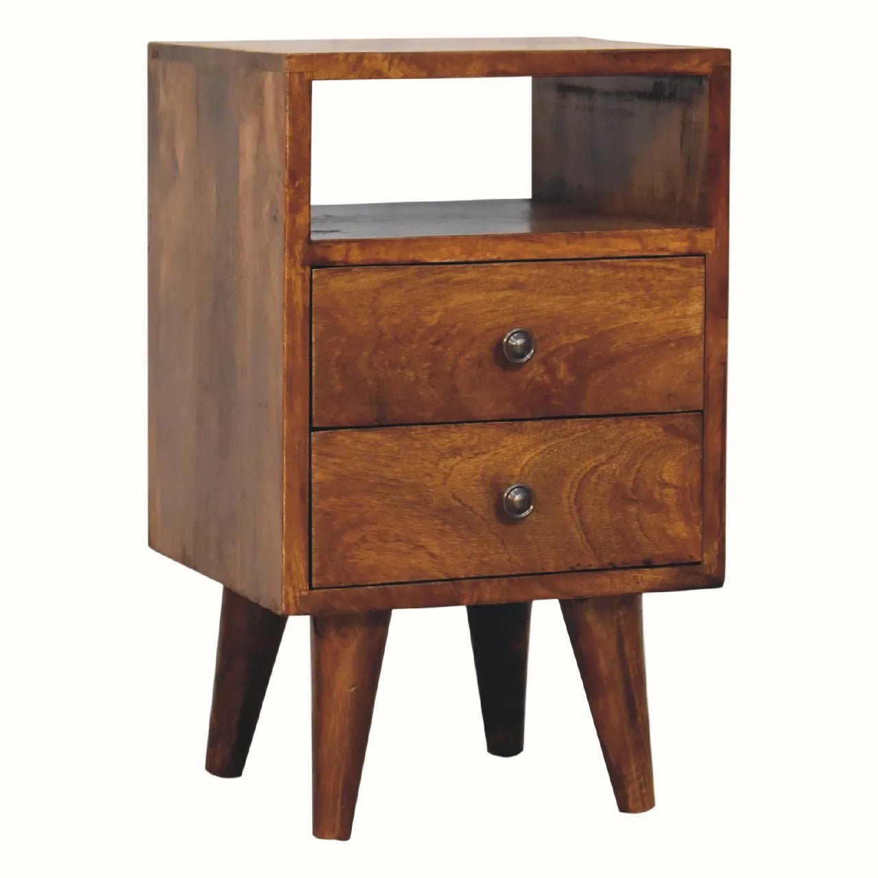 Fogel Open Bedside Table with 2 Drawers, Small - Chestnut Bedside Tables - Bokel Home
