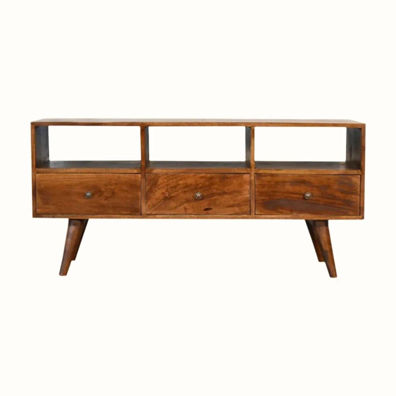 Fogel Open Triple Shelf TV Stand, Large - Chestnut TV Stands - Bokel Home