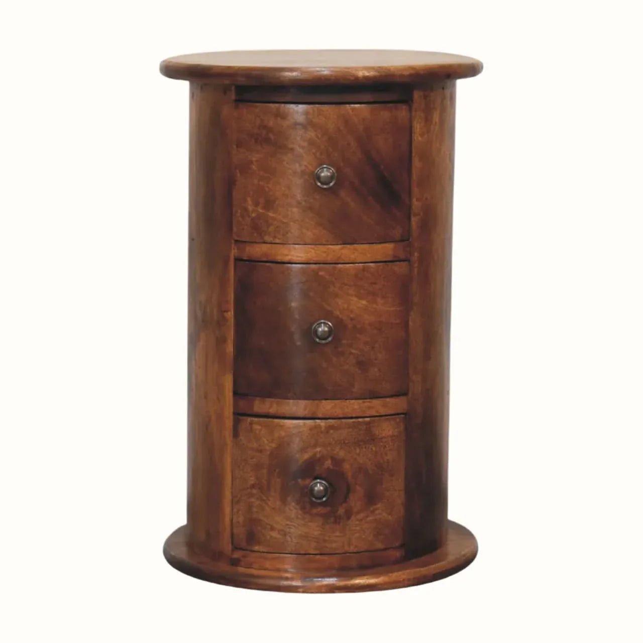 Holt 3 Drawer Drum Bedside Table, Small - Chestnut Bedside Tables - Bokel Home
