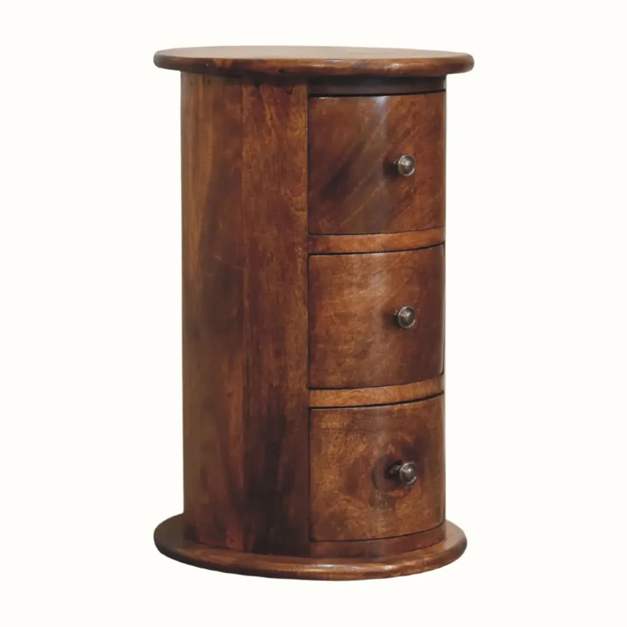 Holt 3 Drawer Drum Bedside Table, Small - Chestnut Bedside Tables - Bokel Home