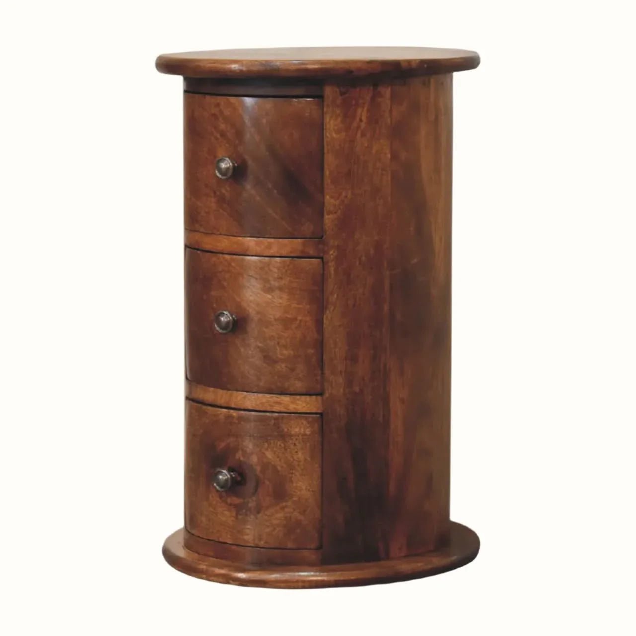 Holt 3 Drawer Drum Bedside Table, Small - Chestnut Bedside Tables - Bokel Home