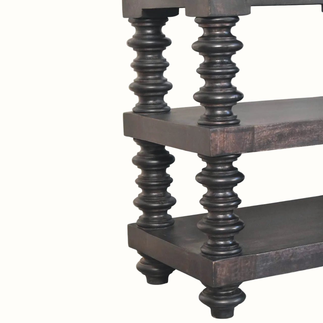 Rafe Spindle Open Shelf Console, Large - Carbon Ash Console Tables - Bokel Home