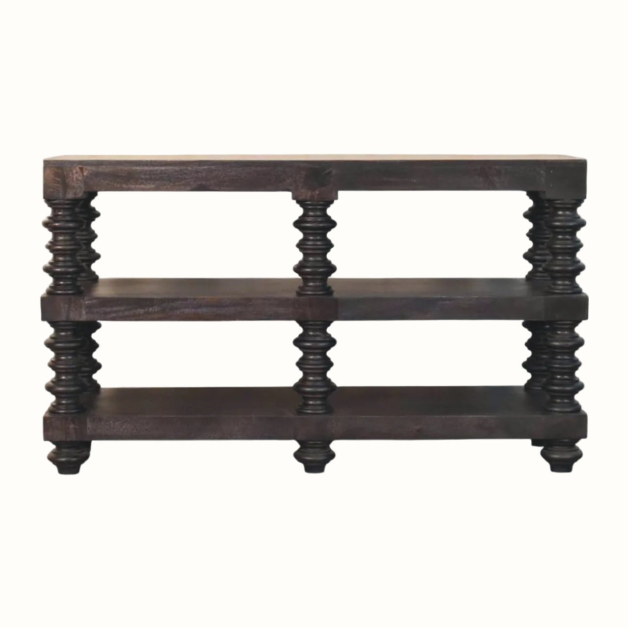 Rafe Spindle Open Shelf Console, Large - Carbon Ash Console Tables - Bokel Home